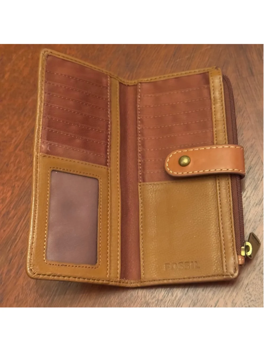 Fossil Logan Brown Leather Zip Around Checkbook Wallet Organizer RFID Clutch